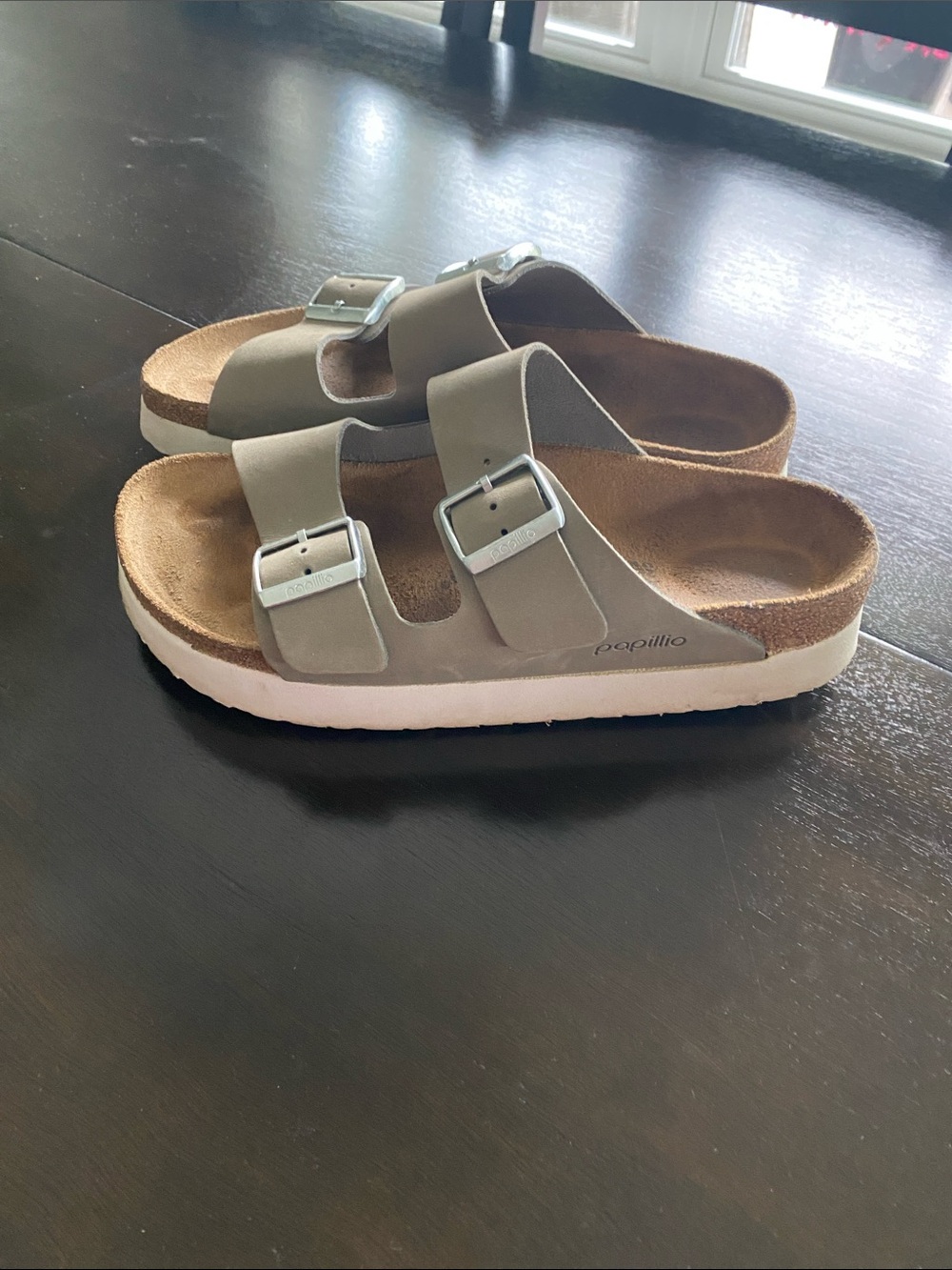 Papillio Double-Buckle Slide Sandals in Taupe with White Sole